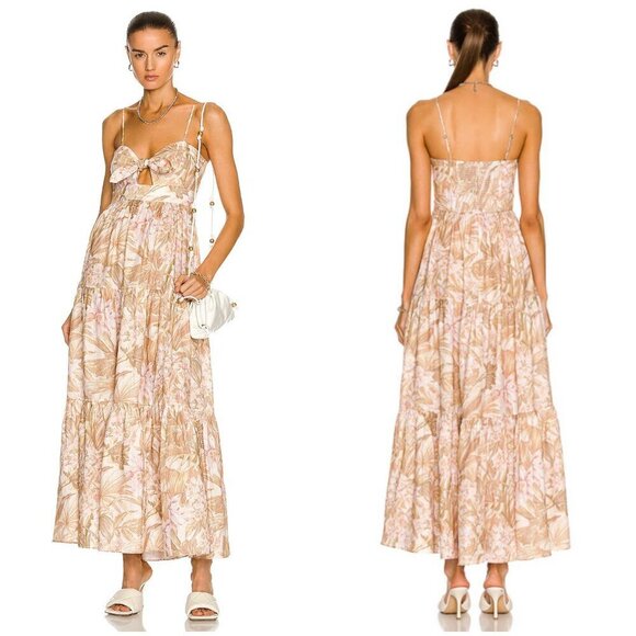 💕ZIMMERMANN💕 Moonshine Andie Tie Front Linen Maxi Dress ~ Sepia Floral Print 2 - Picture 5 of 16
